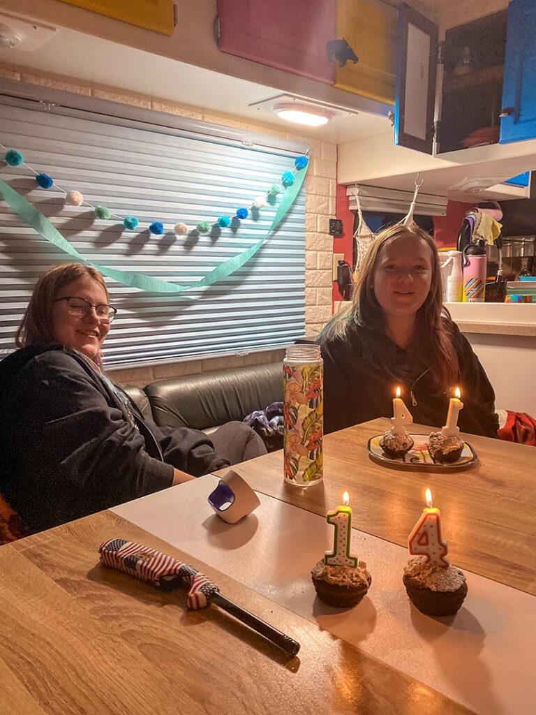 Two girls with cupcakes and birthday candles